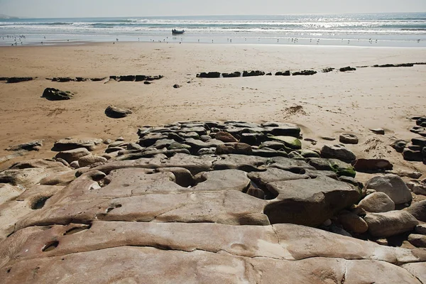 Conchas marinas y piedras en una costa frontal del océano y el cielo y barco de pesca — Foto de Stock