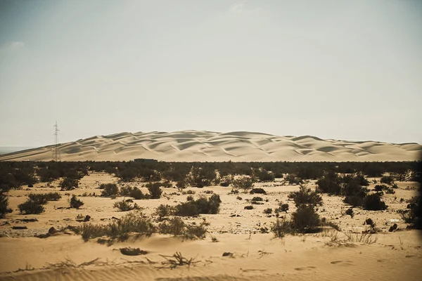 Silhouette of power line by desert landscape on a hazy day — 스톡 사진