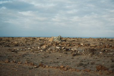 Camping tent of fisherman on scenic west coast of the West Sahara, Morocco, Africa