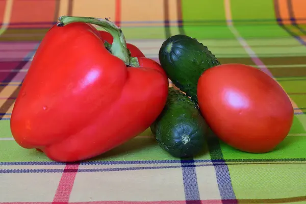 Légumes Frais Poivron Rouge Tomates Concombres — Photo