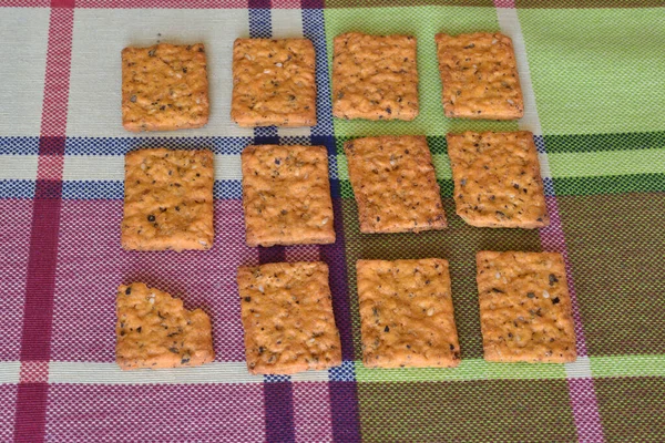 Mosaico Biscoitos Fincados Uma Toalha Mesa — Fotografia de Stock