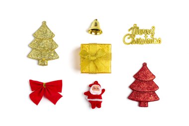 Lolipop, kırmızı ve altın hediye kutuları, çan, yay, top, süslemeler, beyaz arka planda izole edilmiş Noel Baba Mutlu yıllar 2020, Mutlu Noeller, Mutlu noeller. 