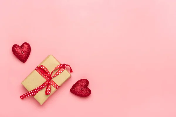 Red Heart Gift Box White Cupid Candle Pink Background Top — Stock Photo, Image