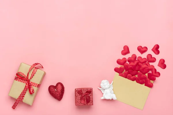 Red Heart Gift Box White Cupid Candle Pink Background Top — Stock Photo, Image