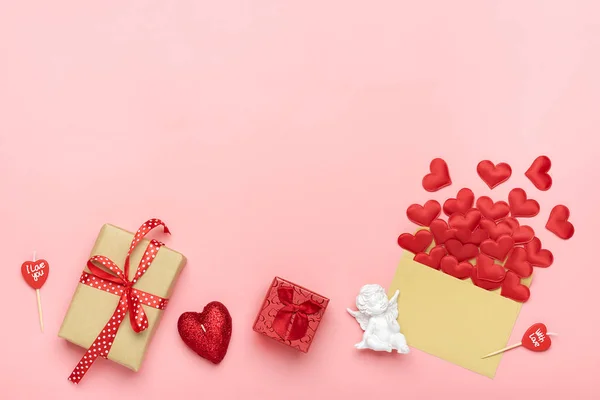 Red Heart Gift Box White Cupid Candle Pink Background Top — Stock Photo, Image