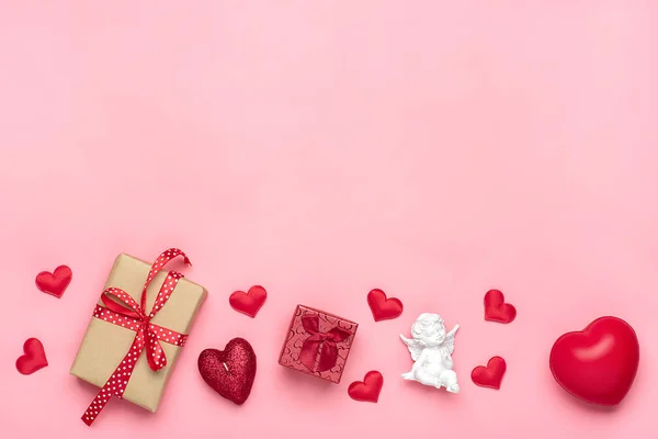 Red Heart Gift Box White Cupid Candle Pink Background Top — Stock Photo, Image