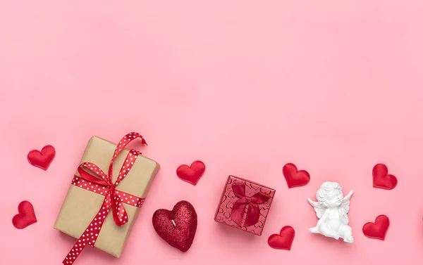 Red Heart Gift Box White Cupid Candle Pink Background Top — Stock Photo, Image