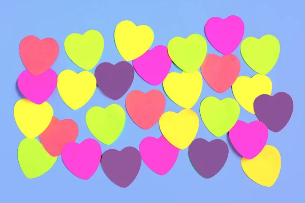 Ovanifrån Färgglada Hjärta Klistermärken För Alla Hjärtans Dag Blå — Stockfoto