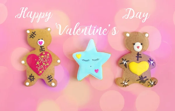 Romantic Teddy Bear Gingerbread Heart Trendy Pink Background Happy Valentine — 스톡 사진