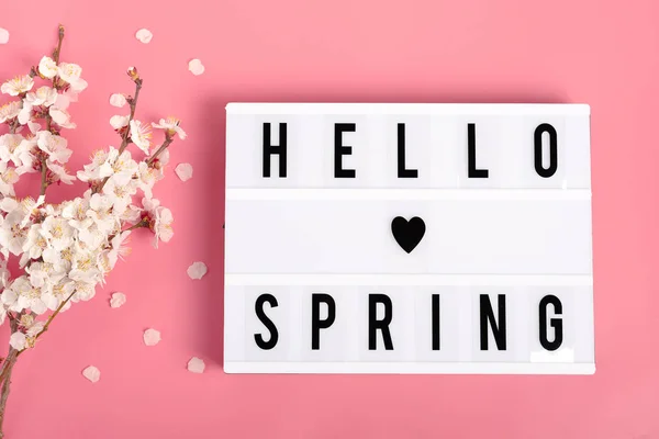花とテキスト付きのライトボックスを持つアプリコットの木の春ピンクの背景にこんにちは春 春のコンセプトは 幸せなイースター 母の日だった 最上階だ平敷 — ストック写真
