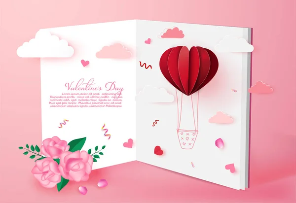 Valentine's Day Love invitation card background with origami heart shaped balloon on cloud.Paper art style.