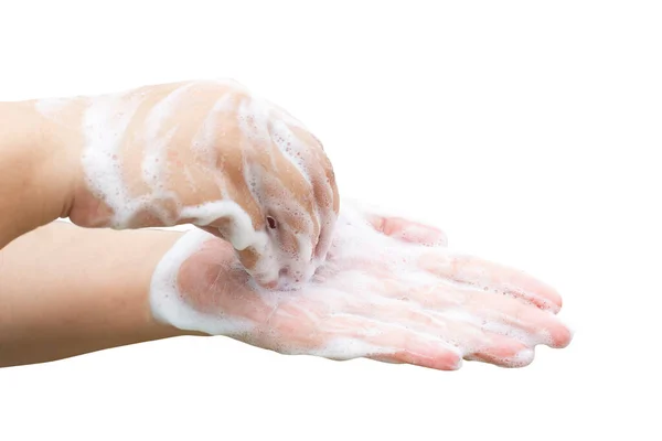 Руки Мыльная Пена Изолированы Белом Фоне Обрезкой Пути Предотвращает Микробов — стоковое фото