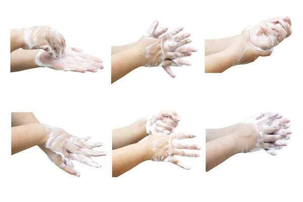 Набор Чистки Рук Руки Мыльная Пена Изолированы Белом Фоне Отсечкой — стоковое фото