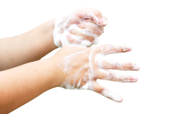 Handen Wassen Zeepschuim Geïsoleerd Witte Achtergrond Met Clipping Pad Voorkom — Stockfoto