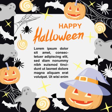 Cadılar Bayramı partisi afiş, poster, pumpkins, yarasa, hayalet, örümcek ve şeker ile şablonu