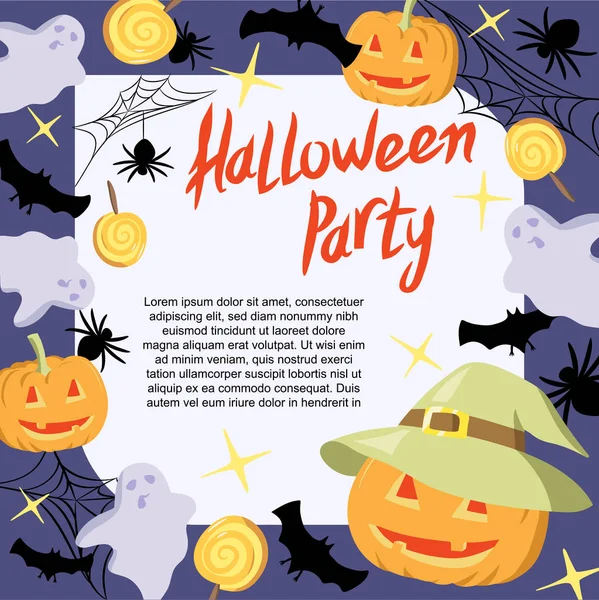 Halloween Party Bannière, affiche, modèle avec citrouilles, chauve-souris, fantôme, araignée et bonbons — Image vectorielle