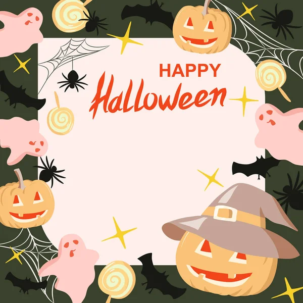 Halloween Party Bannière, affiche, modèle avec citrouilles, chauve-souris, fantôme, araignée et bonbons. Illustration vectorielle . — Image vectorielle