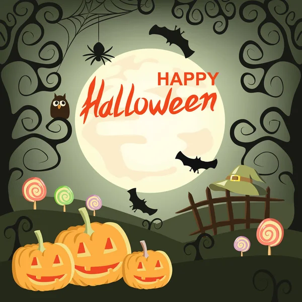 Fond d'Halloween avec citrouilles, araignées, chauves-souris, chapeau de sorcière, bonbons et lune . — Image vectorielle