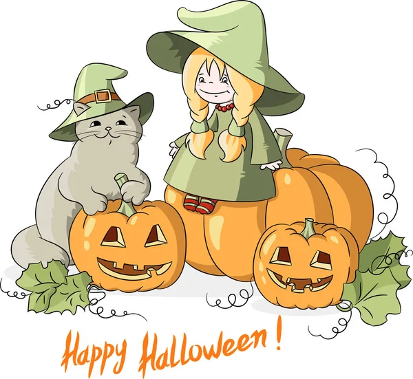 Halloween petite sorcière avec un chat dans un chapeau et des citrouilles — Image vectorielle