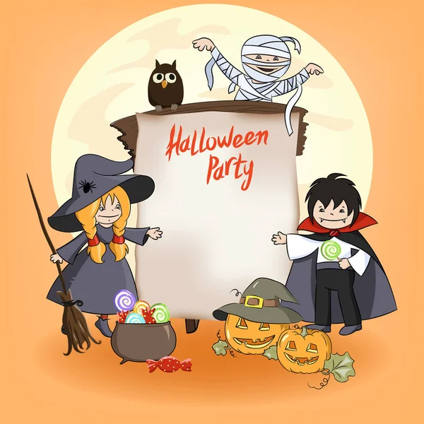 Petits enfants mignons en costume pour la fête d'Halloween — Image vectorielle
