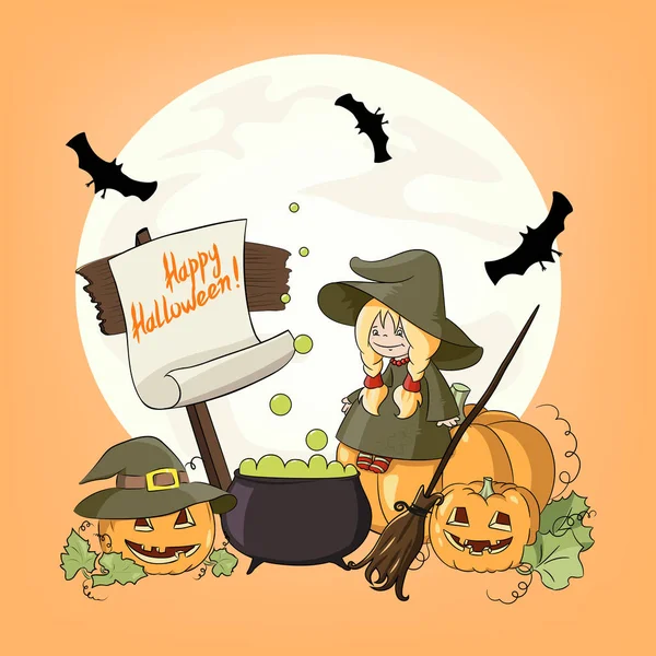 Halloween petite sorcière aux citrouilles . — Image vectorielle