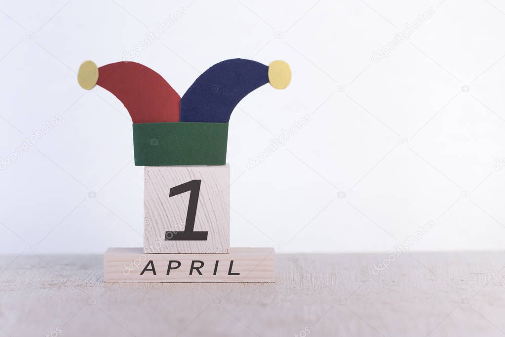 Fools' Day, date April 1 on wooden calendar