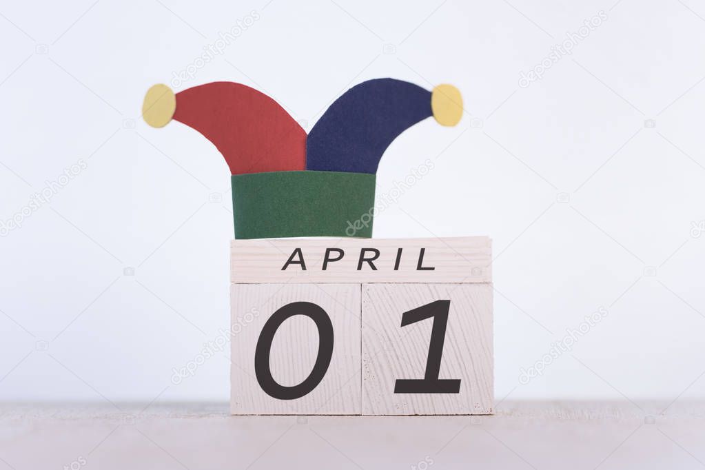 Fools' Day, date April 1 on wooden calendar