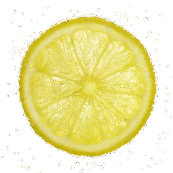 Lemon slice with bubbles in water isolated on white background — Stock Photo, Image