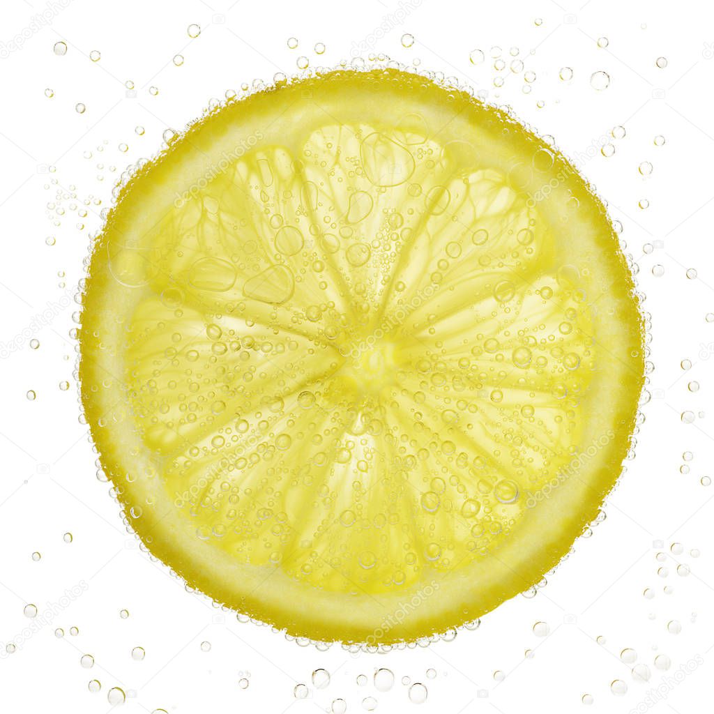 Lemon slice with bubbles in water isolated on white background