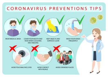 Coronavirus önlemleri, bilgi işleme, el yıkama, göz temasından kaçınma, yüz maskesi takma ve kalabalık yerlerden uzak durma. Düz dizayndaki vektörler illüstrasyonu