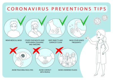 Coronavirus önlemleri, bilgi işleme, el yıkama, göz temasından kaçınma, yüz maskesi takma ve kalabalık yerlerden uzak durma. Düz dizayndaki vektörler illüstrasyonu