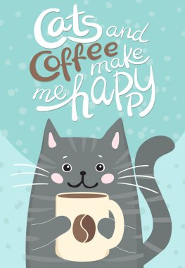 Bir fincan kahveyle çizilmiş sevimli bir çizgi film kedisi. Kahve Zamanı