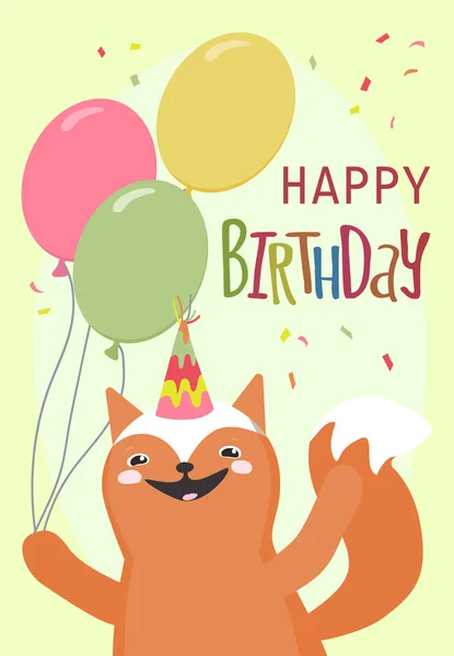 Happy Birthday Card Cute Hand Drawn Animals Birthday Party Vector — Stock Vector