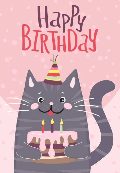 Вітальна Листівка День Народження Милий Кіт Тортами — стоковий вектор
