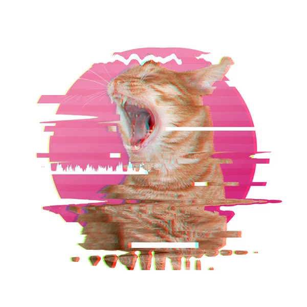 Glitch Effect Portrait Yawing Red Cat — Stock Photo, Image
