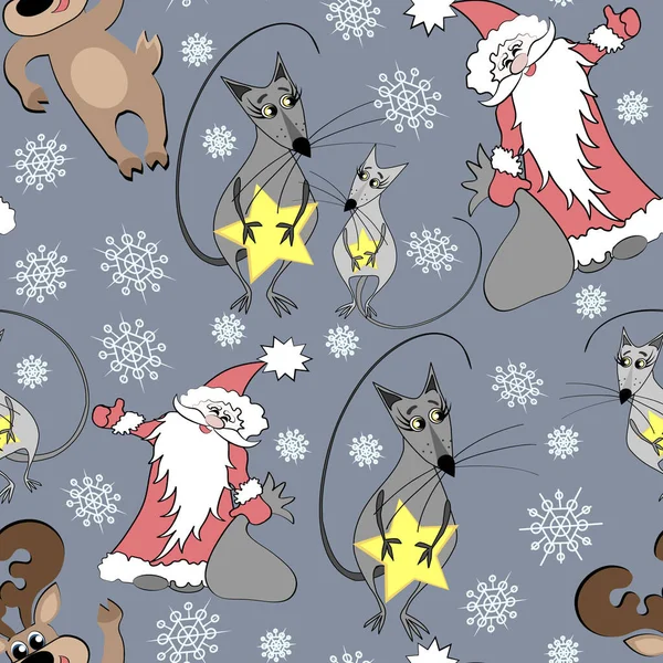 Nytt år sömlöst mönster med jultomten och snöflingor — Stock vektor