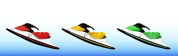 Set of three jet skis - red, yellow and green on a blue background. — Stock Vector