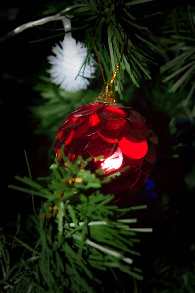 Red New Year Ball Christmas Artificial Spruce Holiday Magic Fairy — Stock Photo, Image