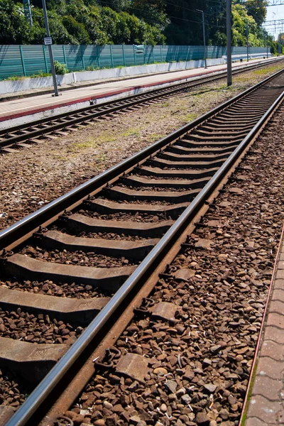 Rails Travessas Close Ferroviário Foto Vertical Estradas Ferro — Fotografia de Stock