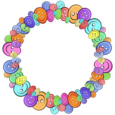 Farklı boylarda elbiseler için çok renkli düğmeler. Vektör illüstrasyonu - beyaz arkaplanda izole et. Yuvarlak çerçeve