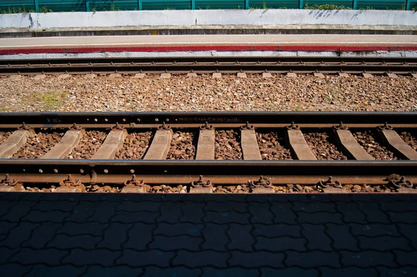 Rails, sleepers, railway close-up - horizontal photo. Railroads