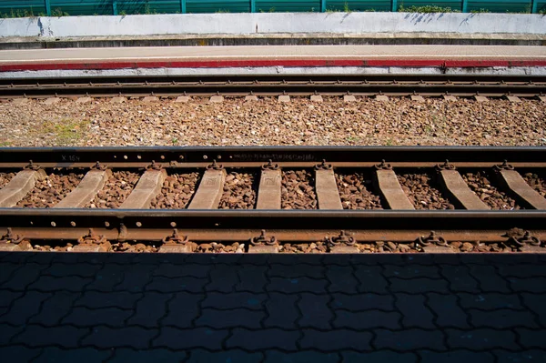 Rails Travessas Close Ferroviário Foto Horizontal Estradas Ferro — Fotografia de Stock