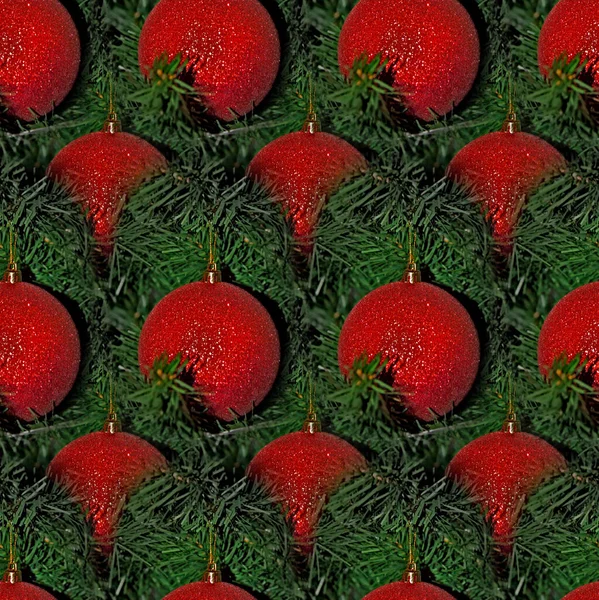 New Year or Christmas pattern, seamless texture - green spruce branches and red shiny balls. Background for blog or website packaging