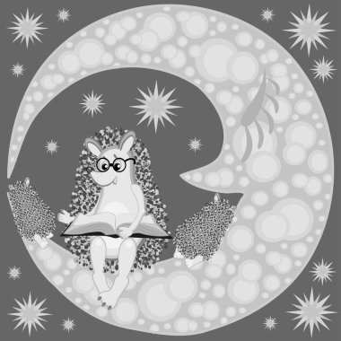 Çocuk illüstrasyonu, vektör, gözlüklü kirpi Ay 'da oturmuş bir kitap okuyor. Gece gökyüzü, yıldızlar, okuma, tutku, ilgi, bilgi