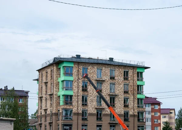 Provincial Poor City Construction New Brick Residential Building Orange Arrow — Stock Photo, Image