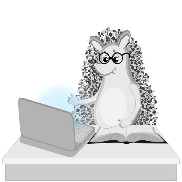Jezevec Sedí Stolu Kterém Stojí Zapnutý Notebook Leží Otevřená Kniha — Stockový vektor