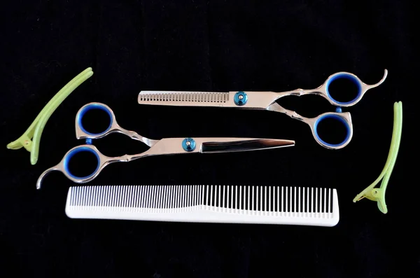 Scheren und Bürsten für Haare auf schwarzem Hintergrund — Stockfoto