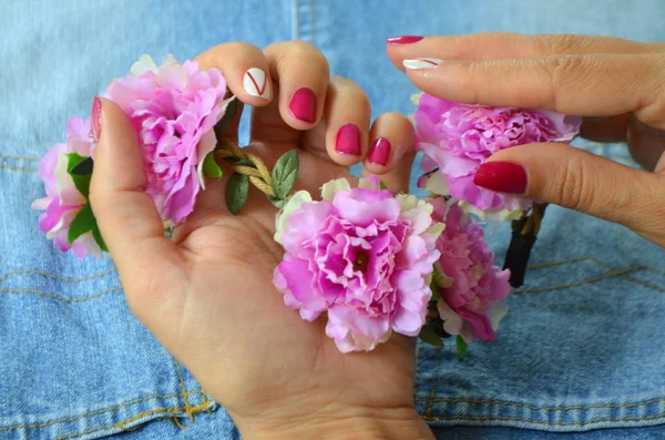 Manicure short red nails and white on the index finger — Stock Photo, Image