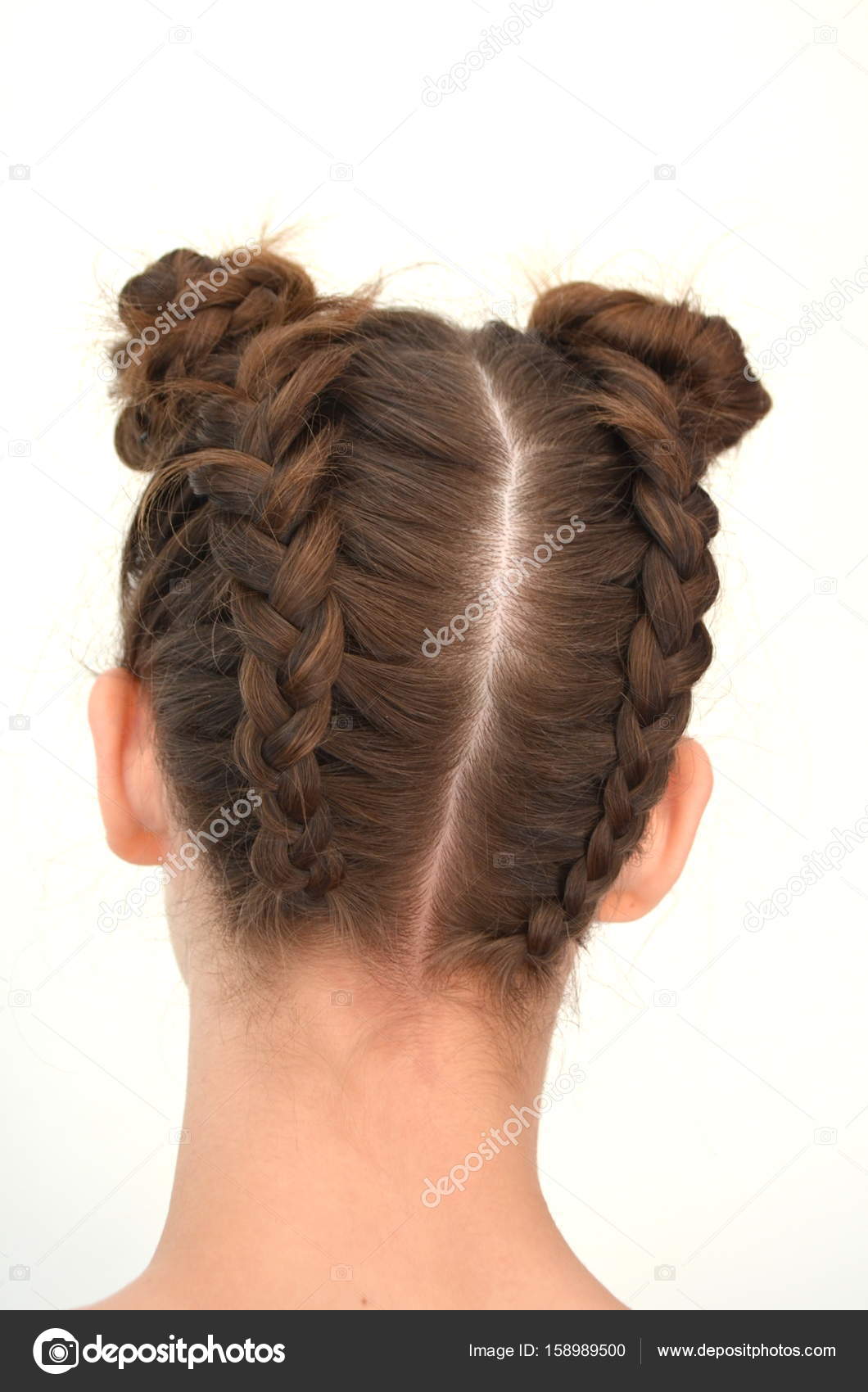 Hairstyle braiding on medium length - Brown hair Stock Photo by ©YuliyaM  158989500