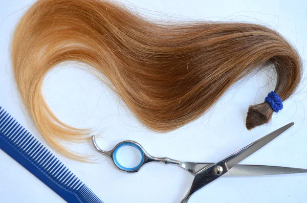 Pramen Vlasů Nůžky Hřeben Pro Účes Bílém Pozadí — Stock fotografie